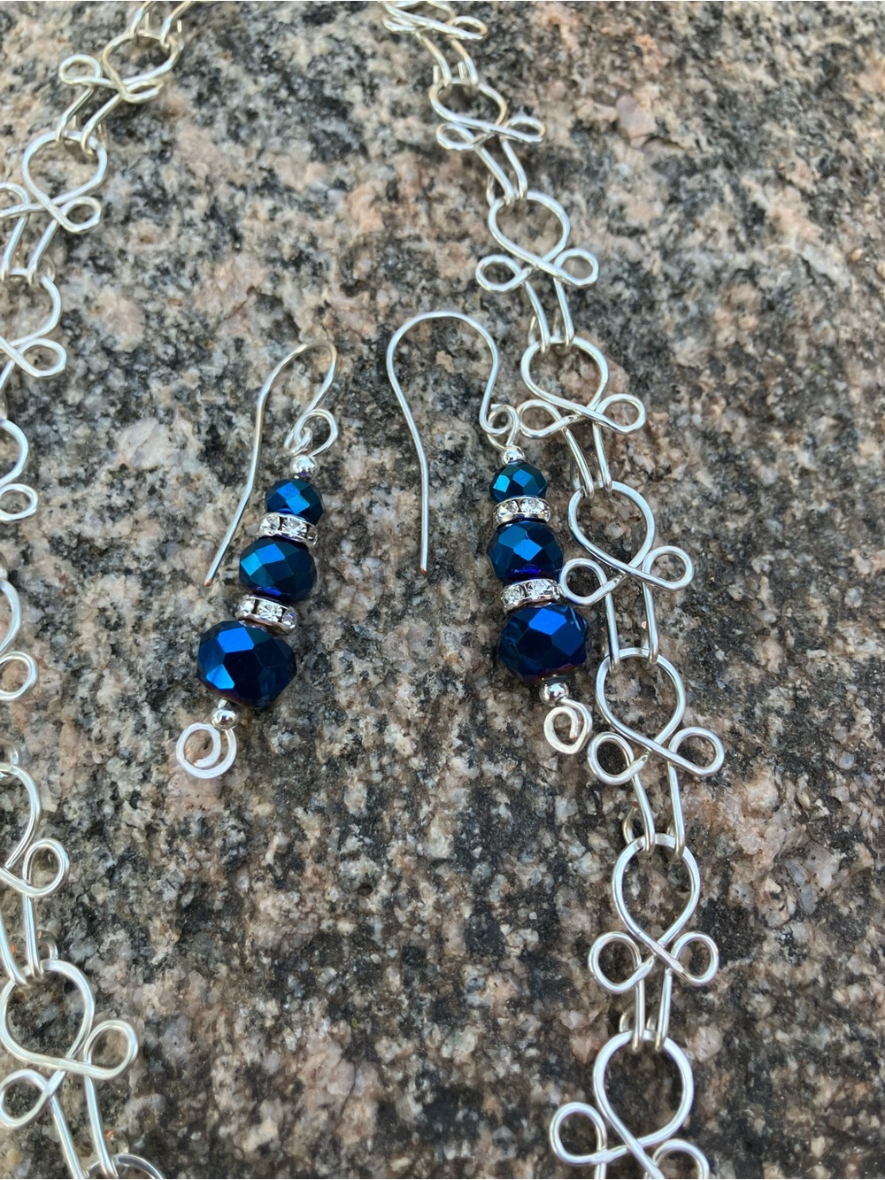 Handcrafted Silver tone Necklace and Earrings Set with Blue Accents - Picture 3 of 4